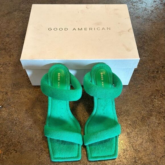 NWT Size 7.5 Good American Green Terry Cloth Heels - Picture 2 of 13